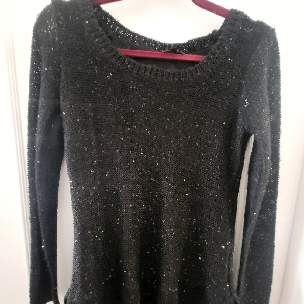Vintage Y2K Le Château Black Sequin Knit Tunic Sweater Size Small EUC